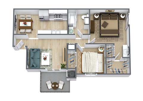 Floor plan for 2 beds, 1.3 baths, 862 sqft